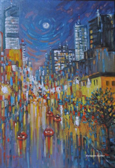 Ciudad vibrante nocturna con edificios, luces y un cielo estrellado.